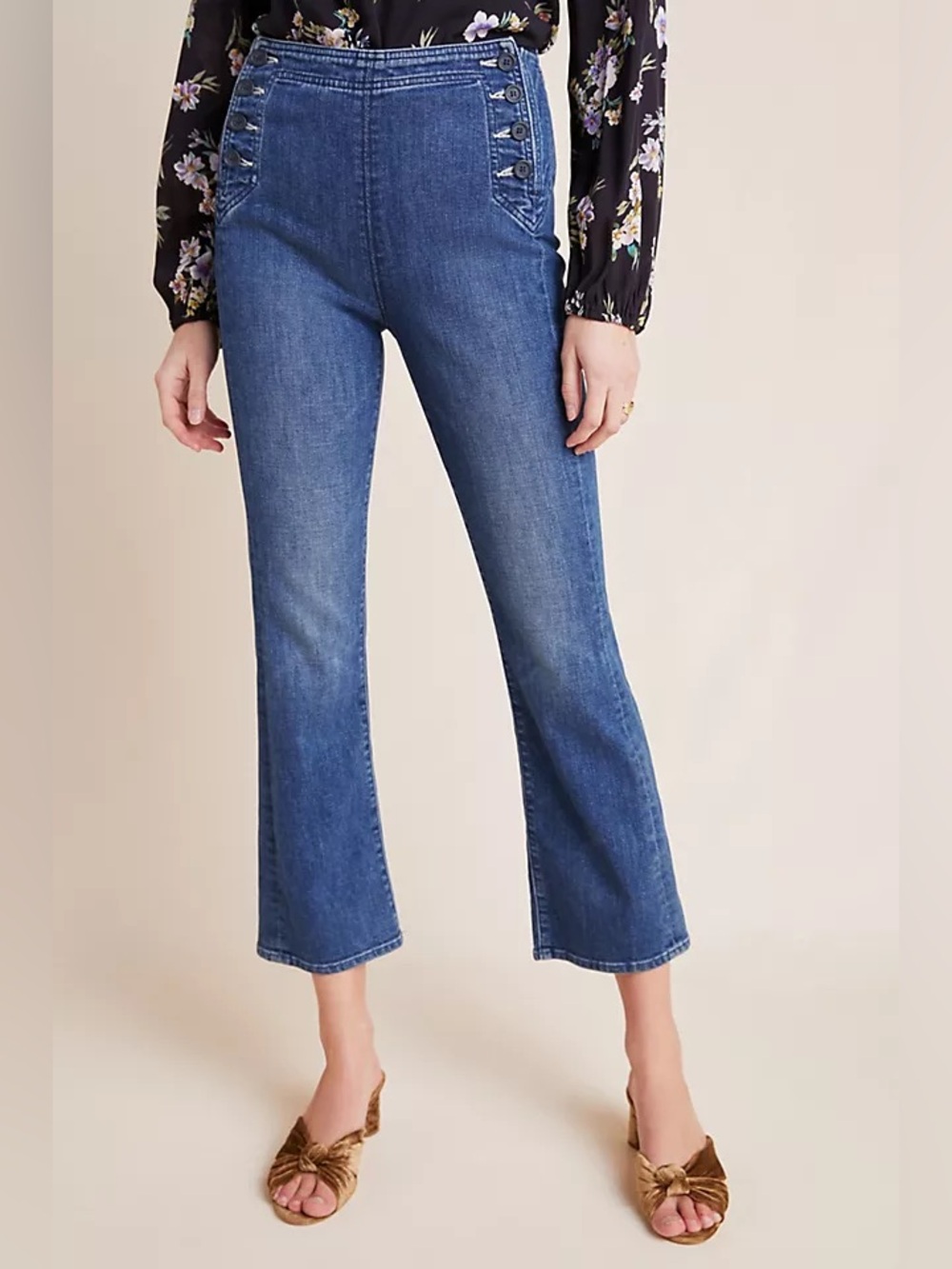 Mother Blue Denim Jeans Cotton Size 25 High Rise Sailor Button Flare Retro Chic